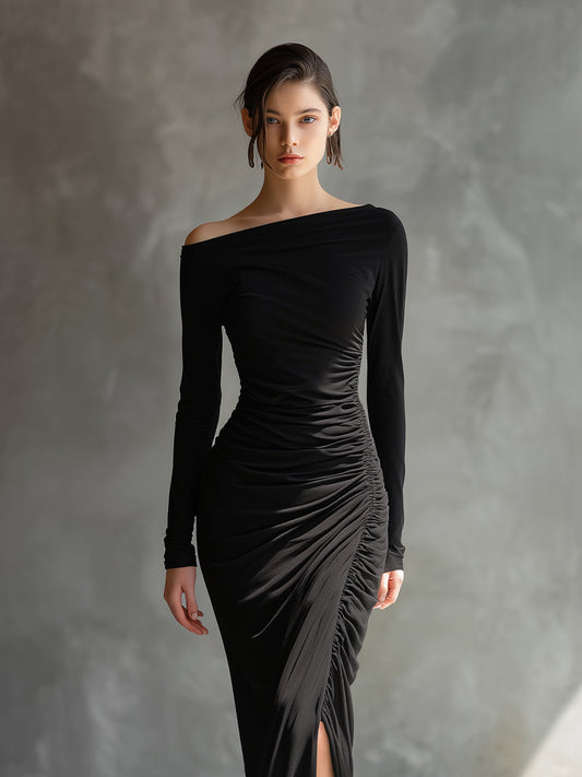 Women's Black Jersey Ruched Slit Maxi Dress – ModClo