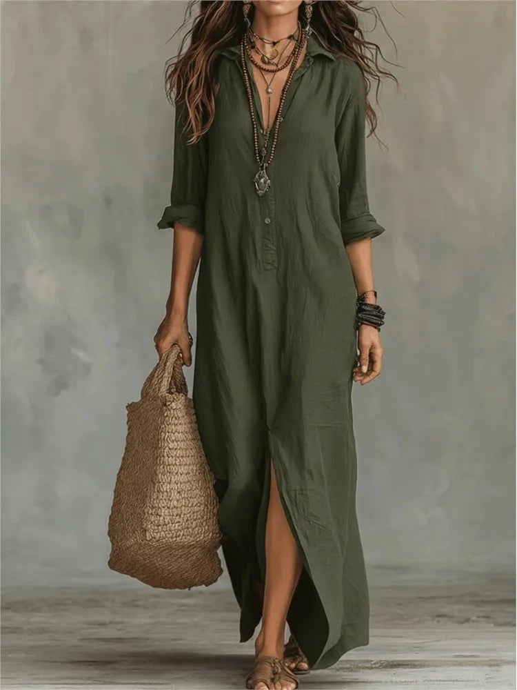 Women's Linen Maxi Shirt Dress with Front Slit