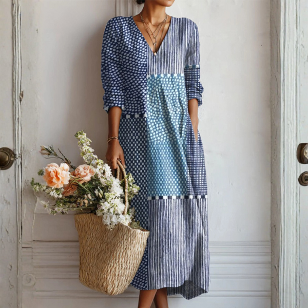 Women's Retro Linen Dress Abstract Print. Midi