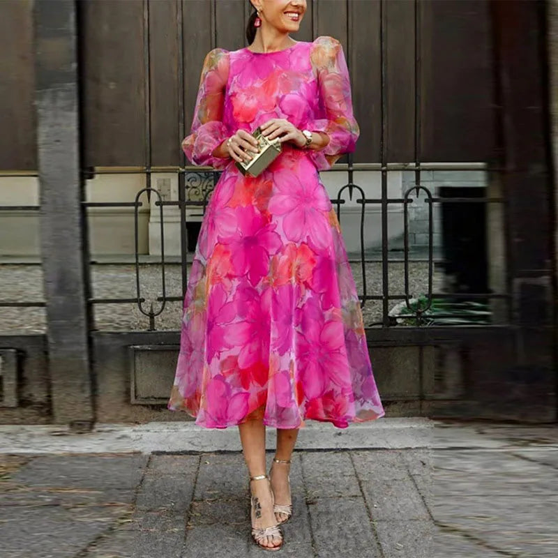 Women's Floral Organza Long-Sleeve Midi Dress – Wedding Guest