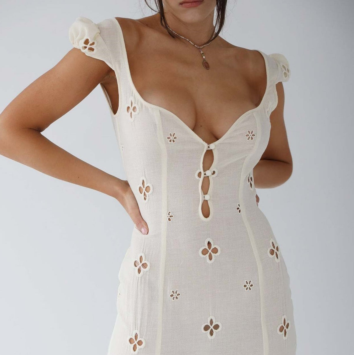 Women's White Eyelet Lace Mermaid Midi Dress – Cut-Out Bodice