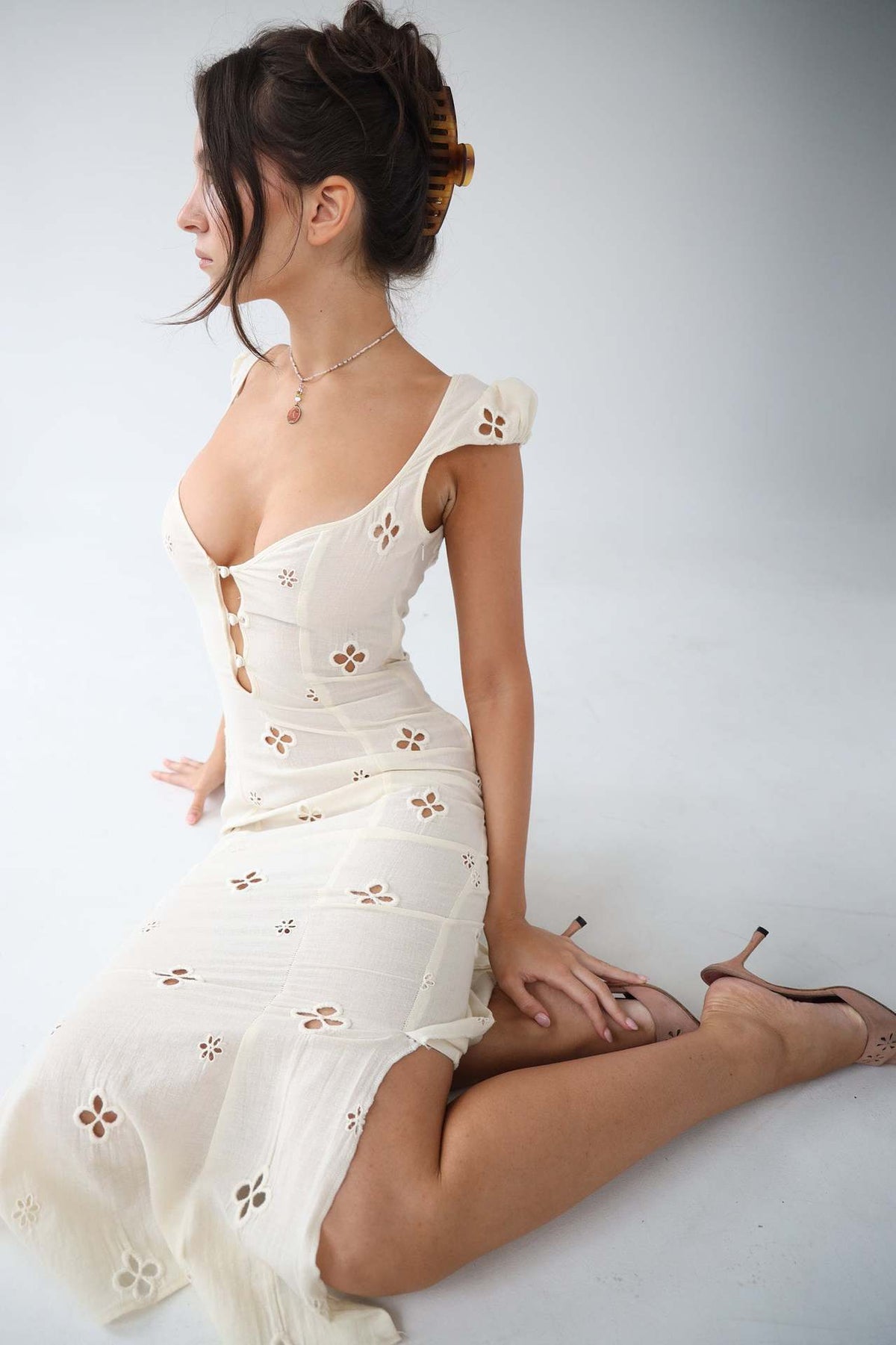 Women's White Eyelet Lace Mermaid Midi Dress – Cut-Out Bodice