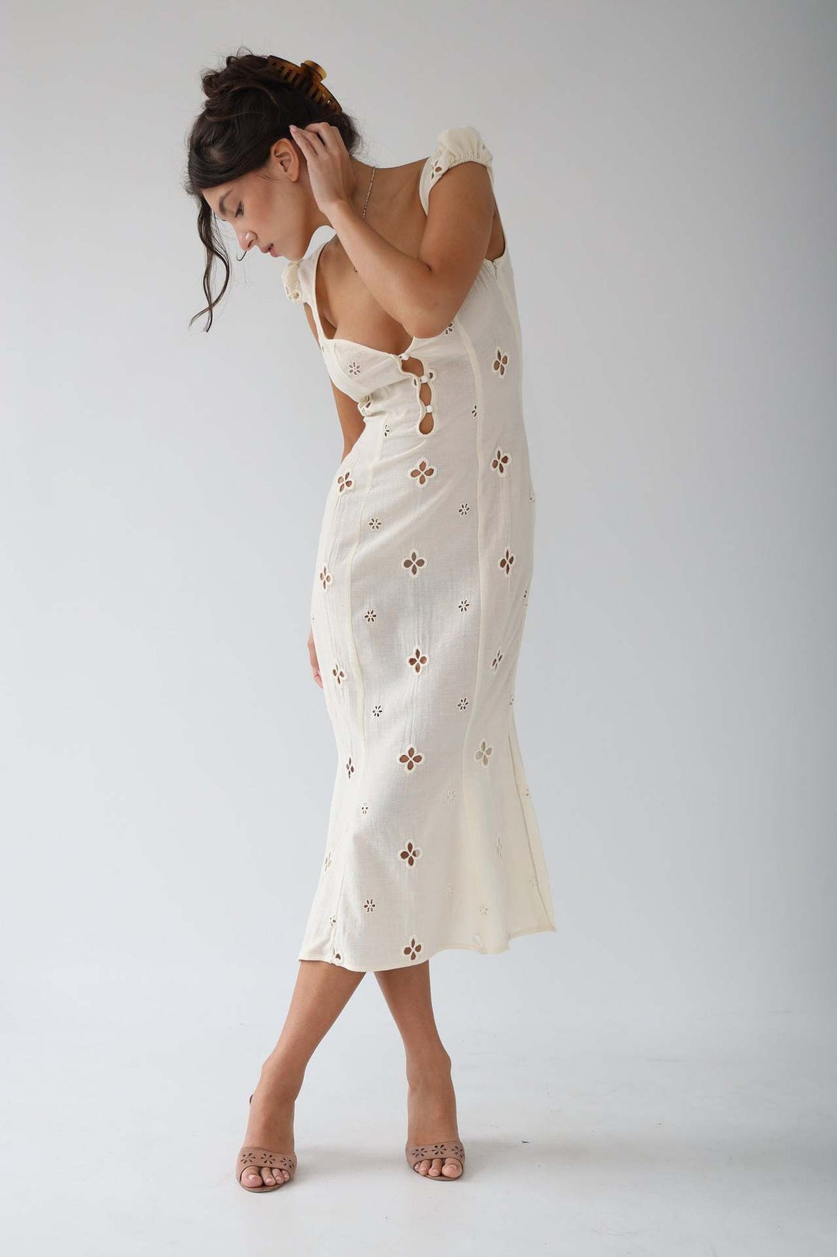 Women's White Eyelet Lace Mermaid Midi Dress – Cut-Out Bodice