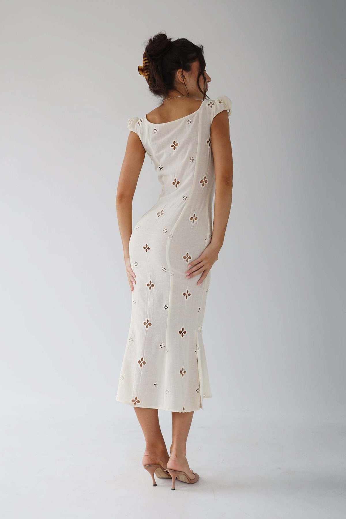 Women's White Eyelet Lace Mermaid Midi Dress – Cut-Out Bodice