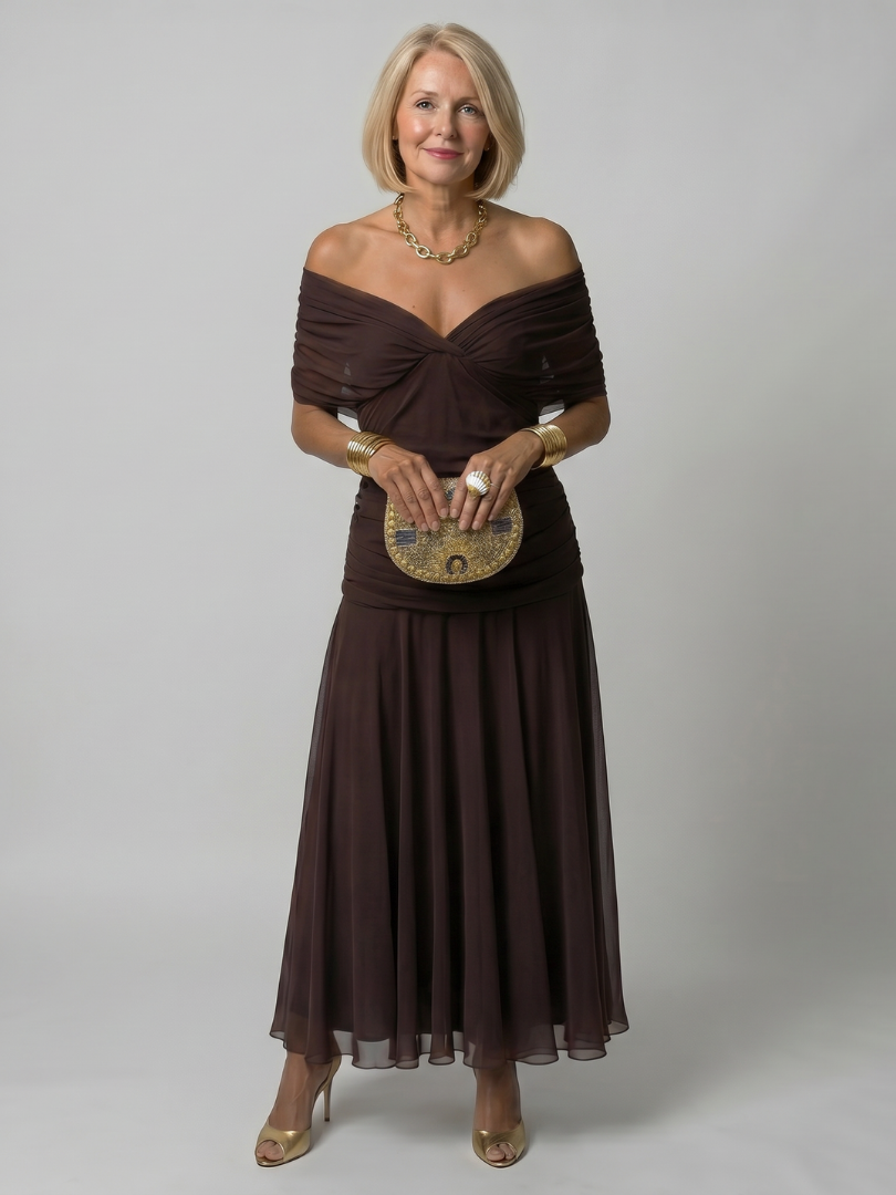 Carmen Flow Dress | Off Shoulder, Midi Length Summer Wedding Guest Dress 9