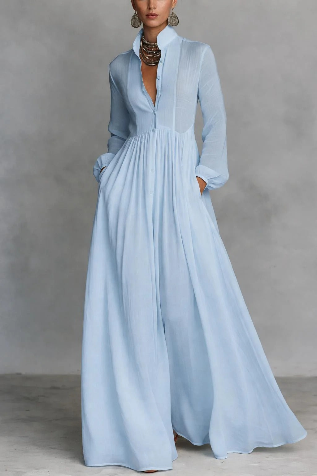Women's Button-Front Maxi Dress Flowing Blue Outfit
