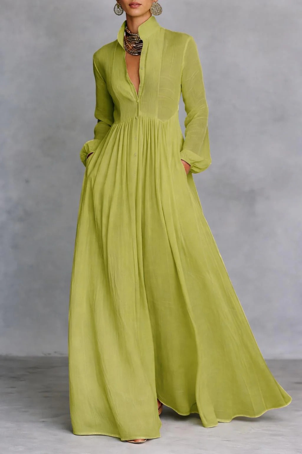 Women's Button-Front Maxi Dress Flowing Green