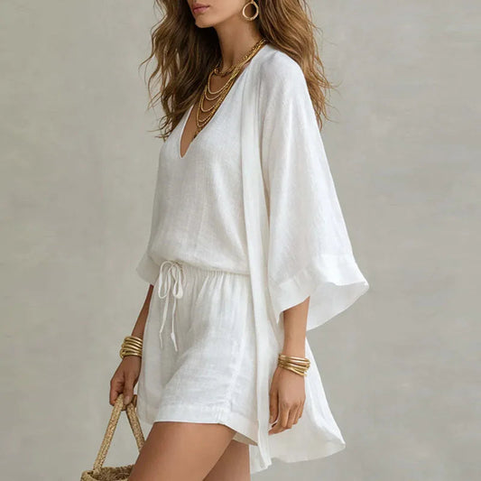 Women's Linen Kimono Sleeve Top & Shorts Co-Ord