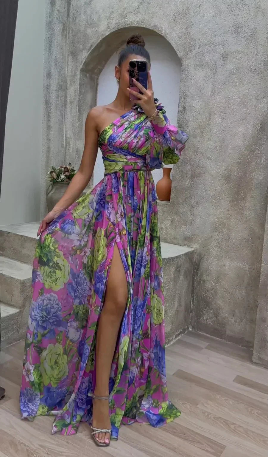 Women's Floral One-Shoulder Chiffon Maxi Dress Slit