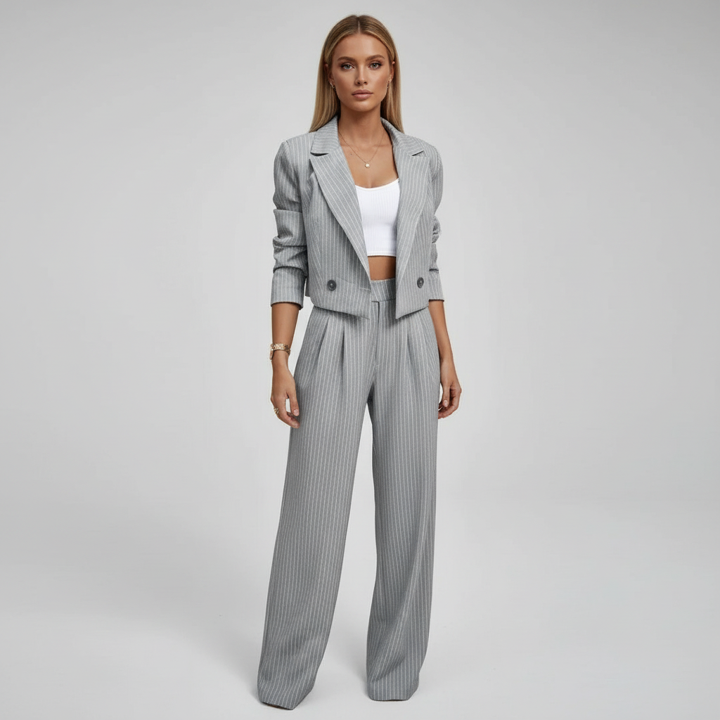 Women's Pinstripe Blazer Wide Leg Trouser Outfit
