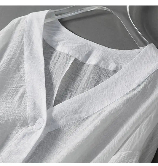 Women's Linen V-Neck Button Blouse Long Sleeve
