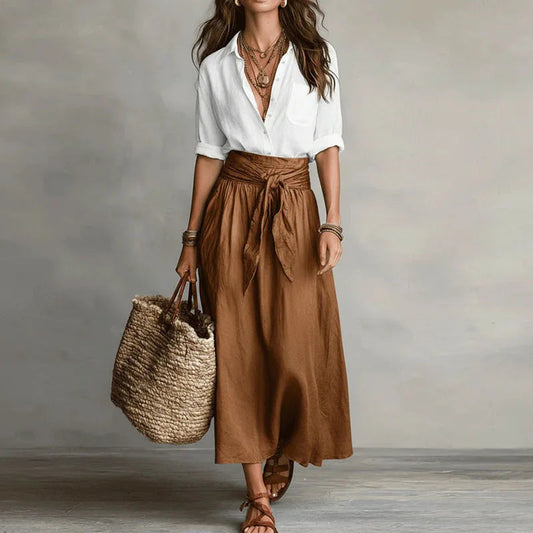 Women's Linen Wide-Leg Midi Skirt Set