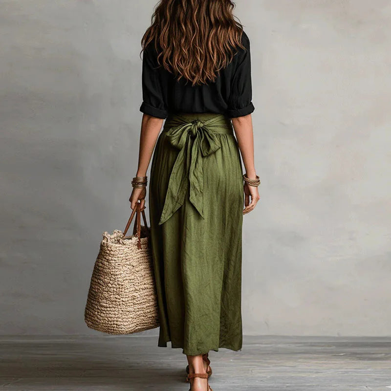 Women's Linen Wide-Leg Midi Skirt Set