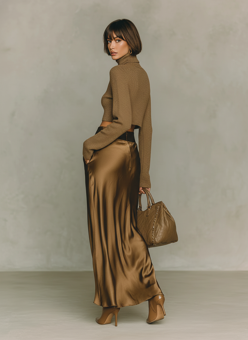 Women's Brown Knit Turtleneck Midi Skirt – ModClo