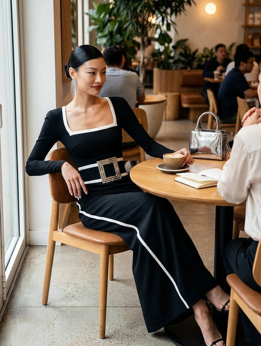 Women's Black Square Neck Long Sleeve Maxi Dress – ModClo