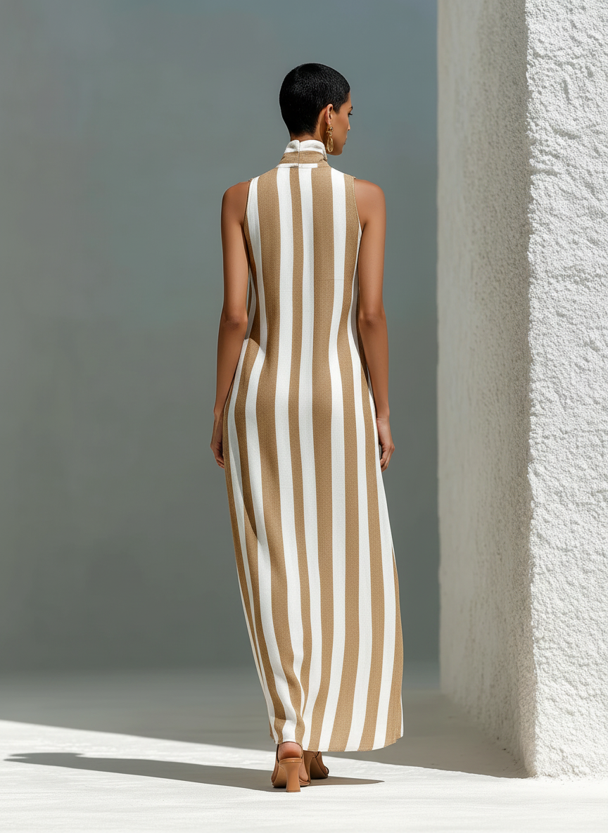 Women's White Sleeveless Striped Stand Collar Maxi Dress – ModClo