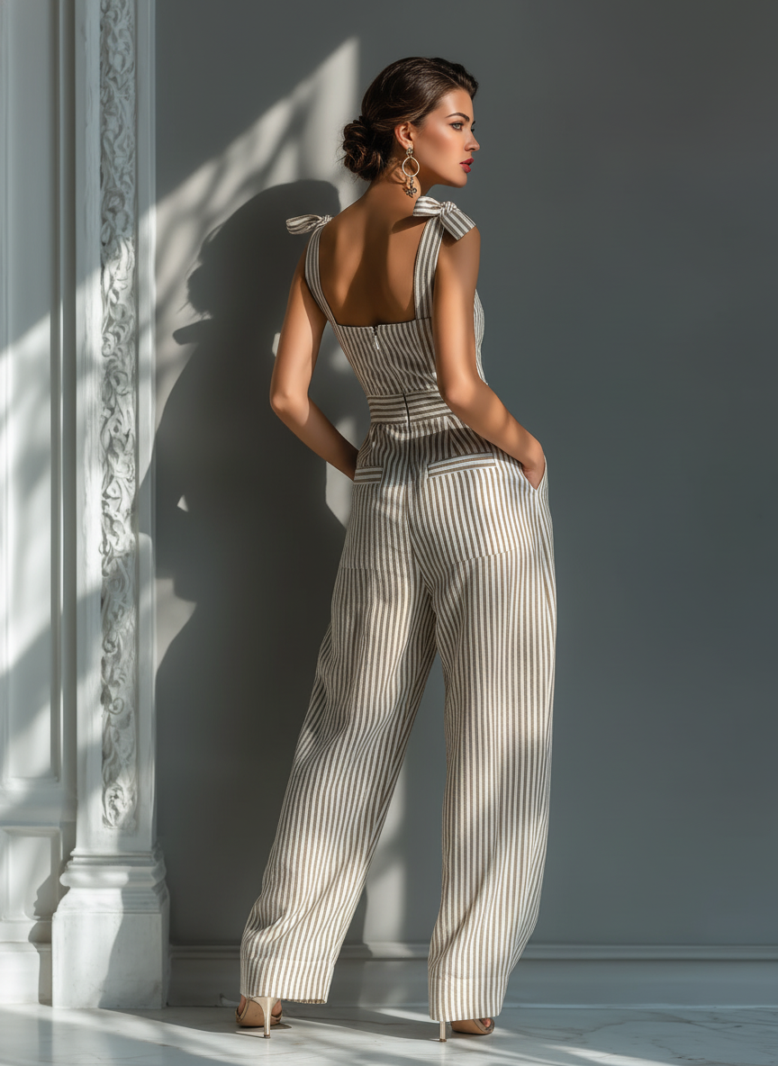 Women's White Linen Square Neck Striped Jumpsuit – ModClo