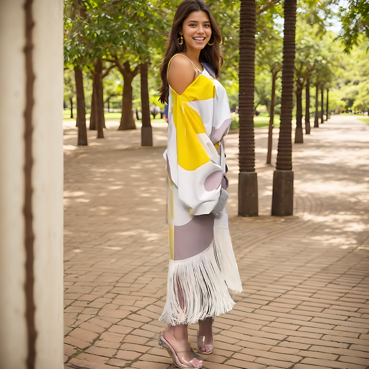 Women's One-Shoulder Wrap Midi Dress – Fringe Hem
