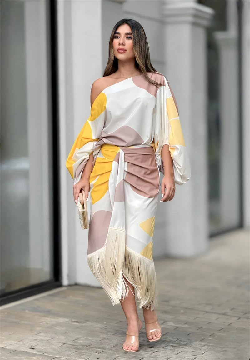 Women's One-Shoulder Wrap Midi Dress – Fringe Hem