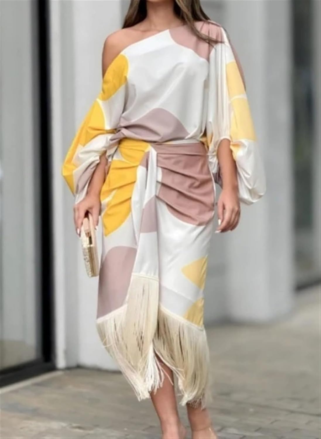 Women's One-Shoulder Wrap Midi Dress – Fringe Hem