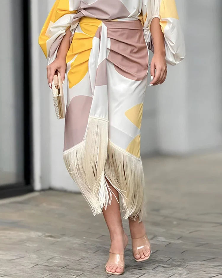 Women's One-Shoulder Wrap Midi Dress – Fringe Hem