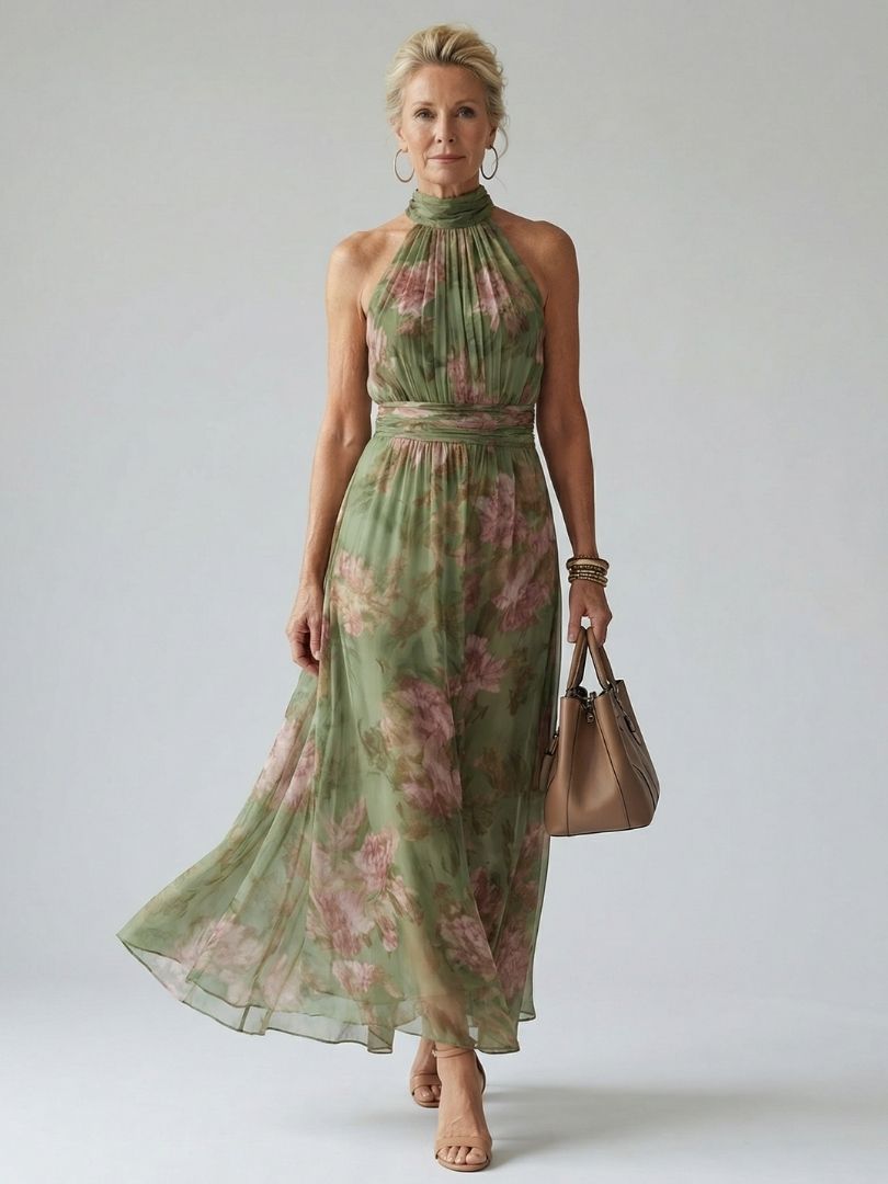 Women's Midi Dress Floral Halter Neckline
