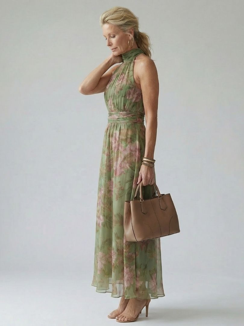 Women's Midi Dress Floral Halter Neckline