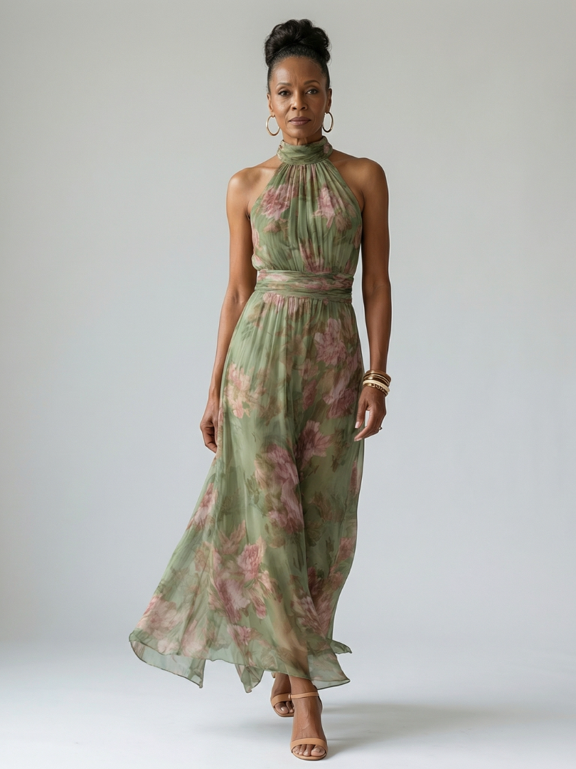 Women's Midi Dress Floral Halter Neckline