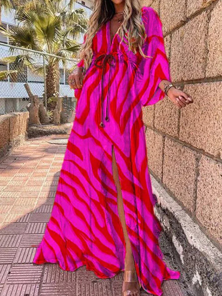 Women's V-Neck Printed Maxi Dress – Long Sleeve Belted Wrap Maxi Dress with Slit