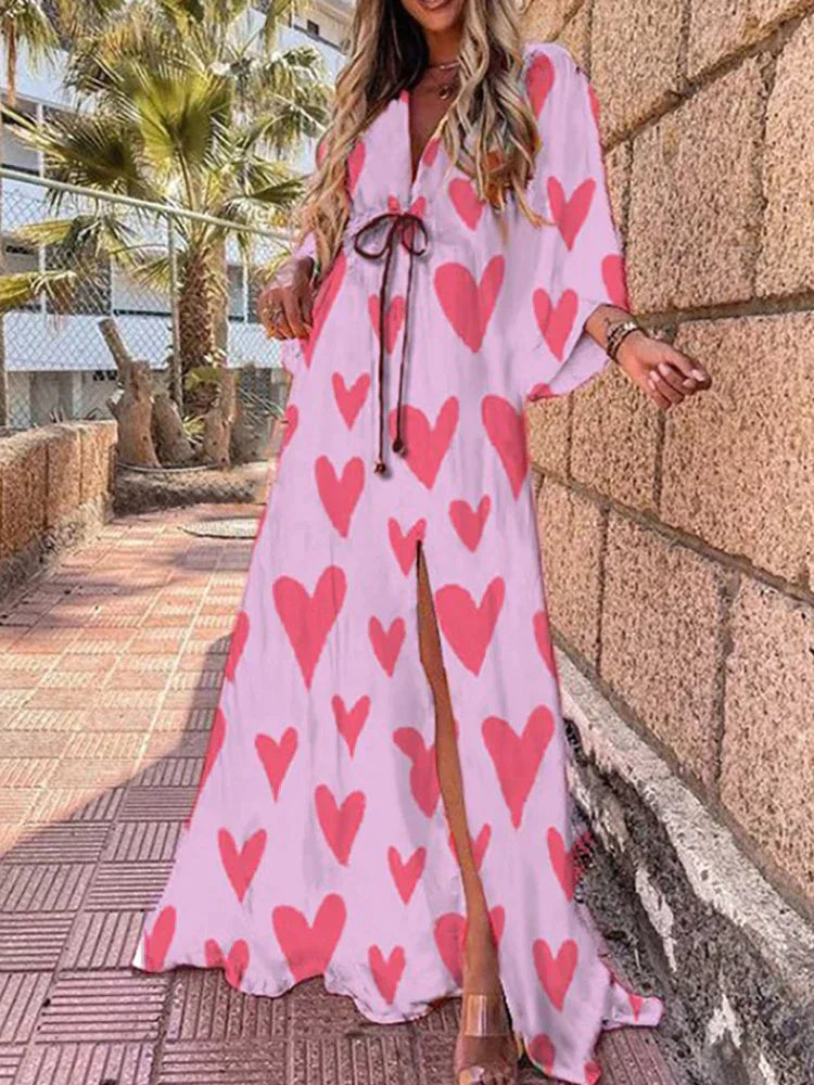 Women's V-Neck Printed Maxi Dress – Long Sleeve Belted Wrap Maxi Dress with Slit