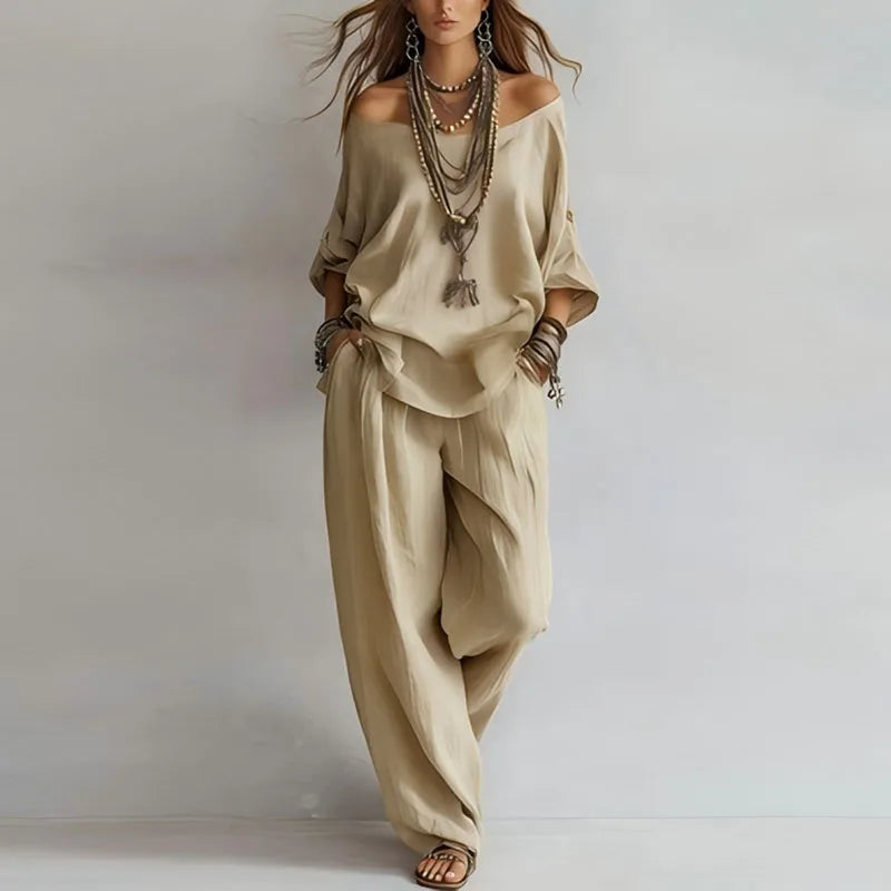 Women's Linen Off-Shoulder Top & Wide-Leg Trouser Set
