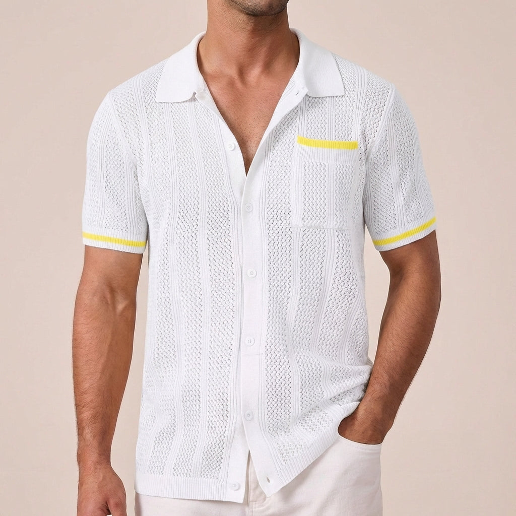 Men's Knit Button Down Shirt Short Sleeve Textured