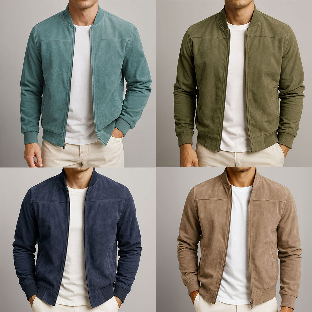 Men's Suede Bomber Jacket Zip Up