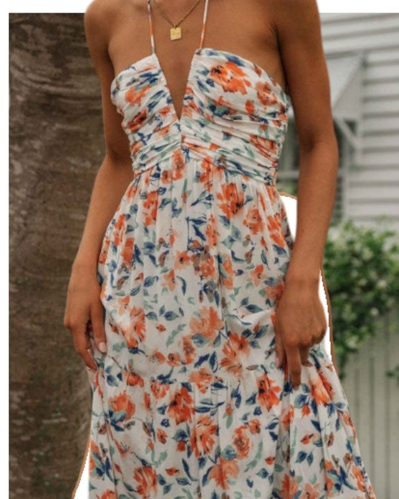Halter Neck Floral Maxi Dress with Backless Summer Fit