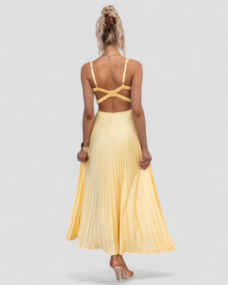 Pleated V Neck Maxi Dress for Summer Elegance