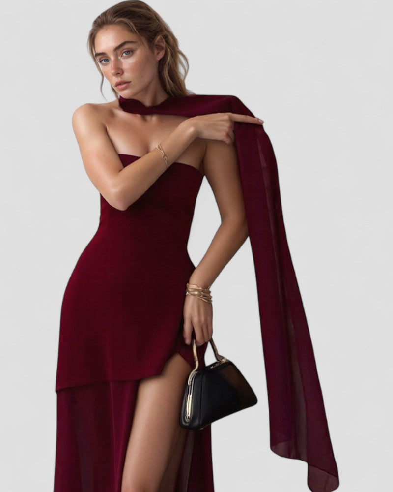 Asymmetric Chiffon Evening Maxi Dress with Sheer Overlay