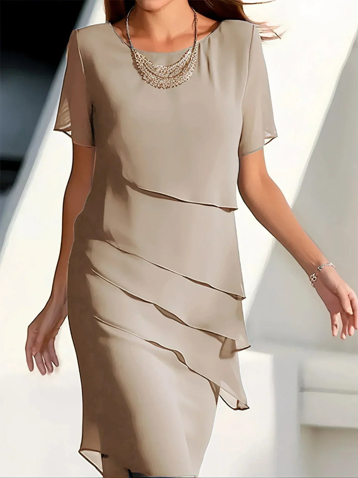 Women's Formal Tiered Chiffon Midi Dress – Short Sleeve Layered Wedding Guest Dress