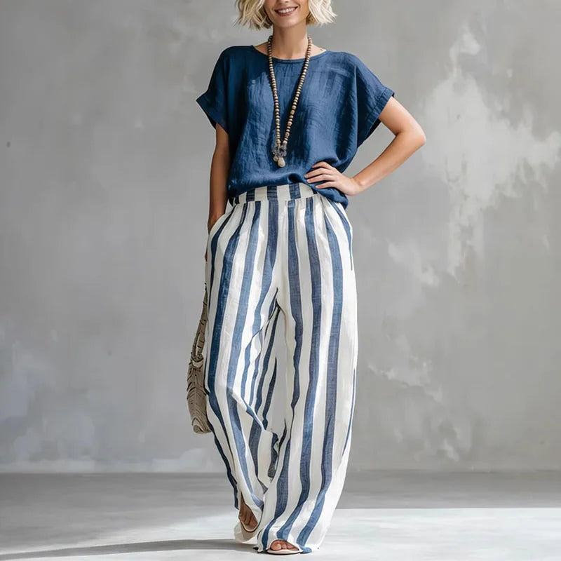 Women's Linen Boxy Top & Striped Wide-Leg Trouser Set