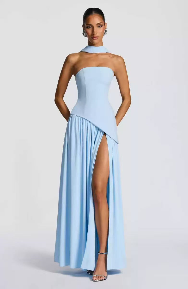 Women's Strapless Maxi Dress Leg Split Wedding Guest