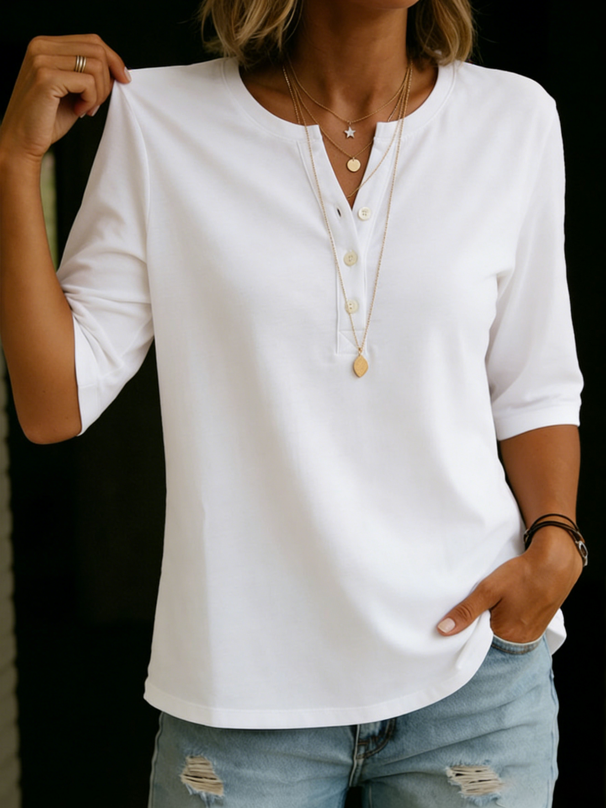 Women's Henley Neck T-Shirt Linen