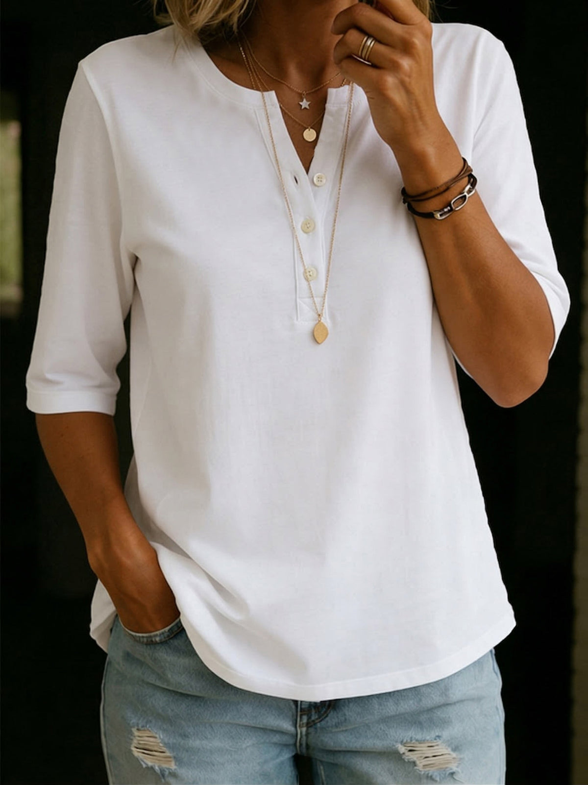 Women's Henley Neck T-Shirt Linen
