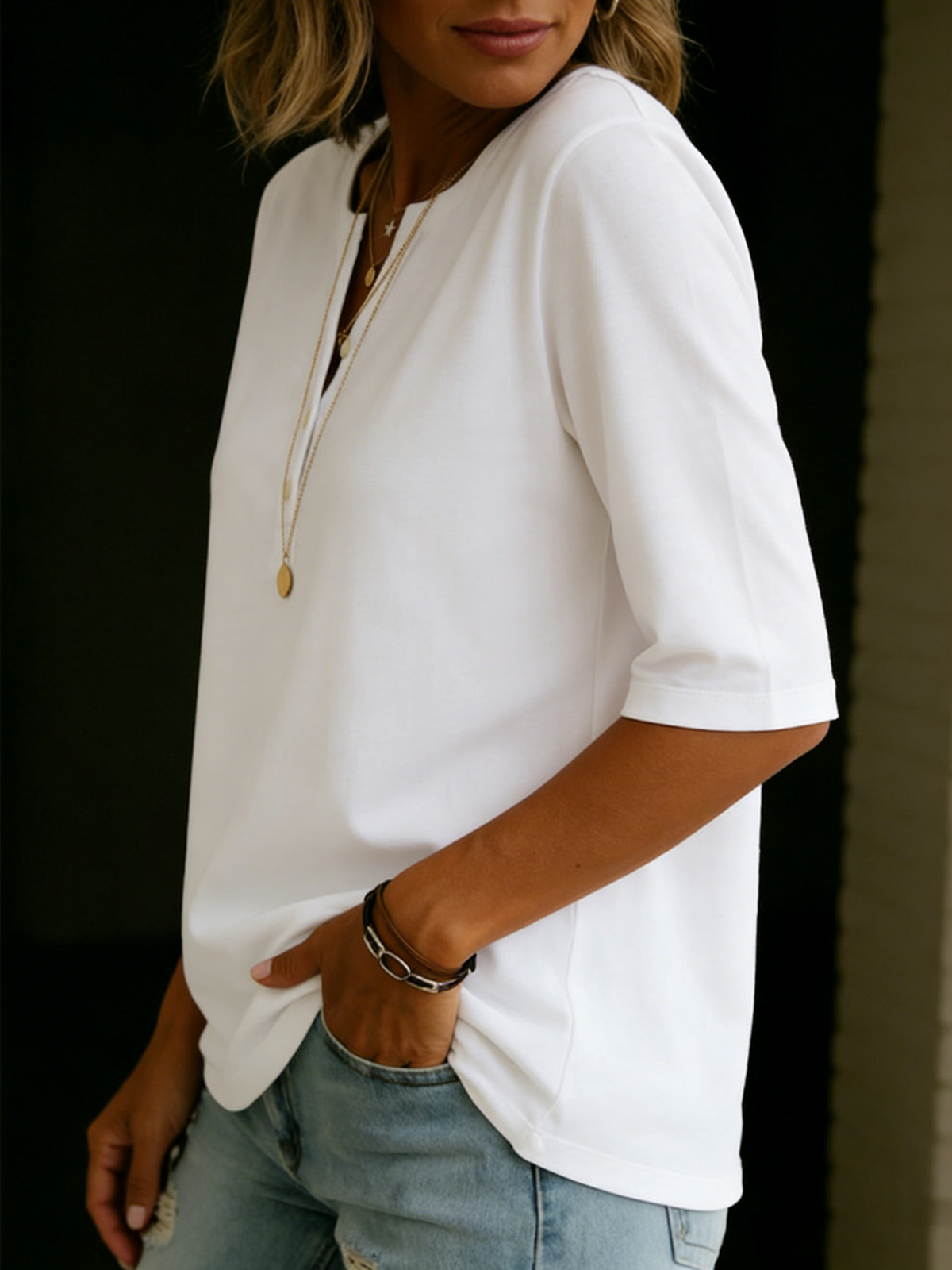 Women's Henley Neck T-Shirt Linen