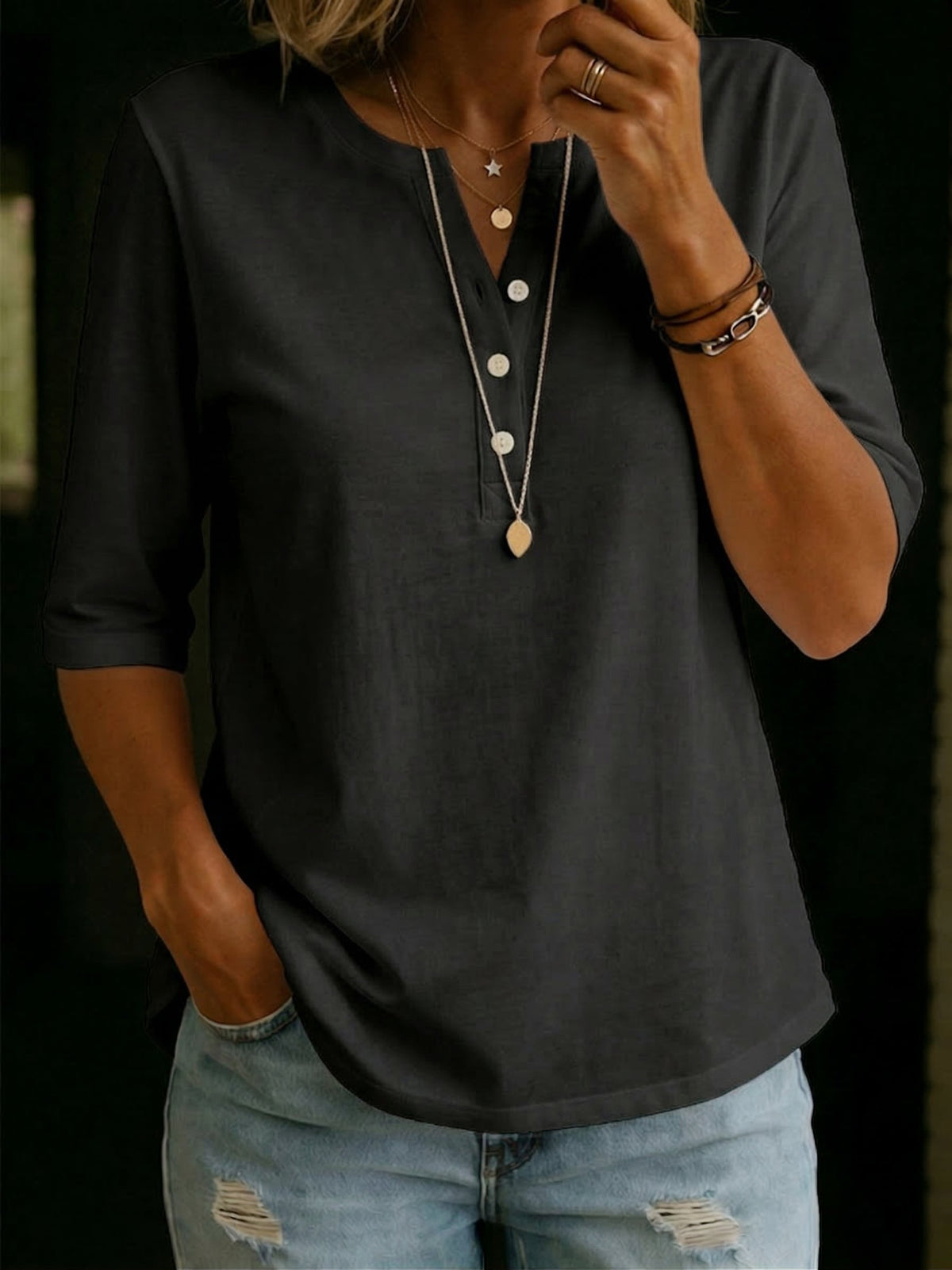 Women's Henley Neck T-Shirt Linen
