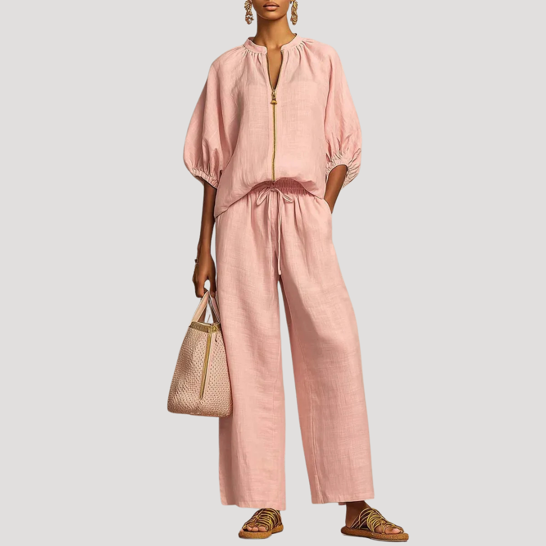 Women's Linen Balloon Sleeve Wide Leg Co-Ord Set
