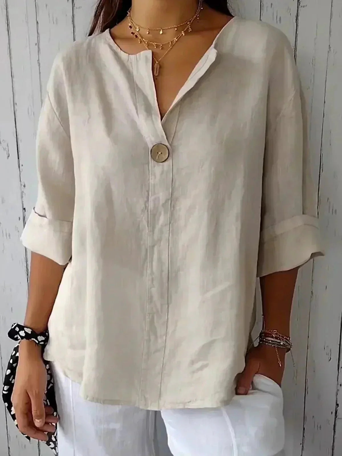 Women's Relaxed Linen Blouse V-Neck Button