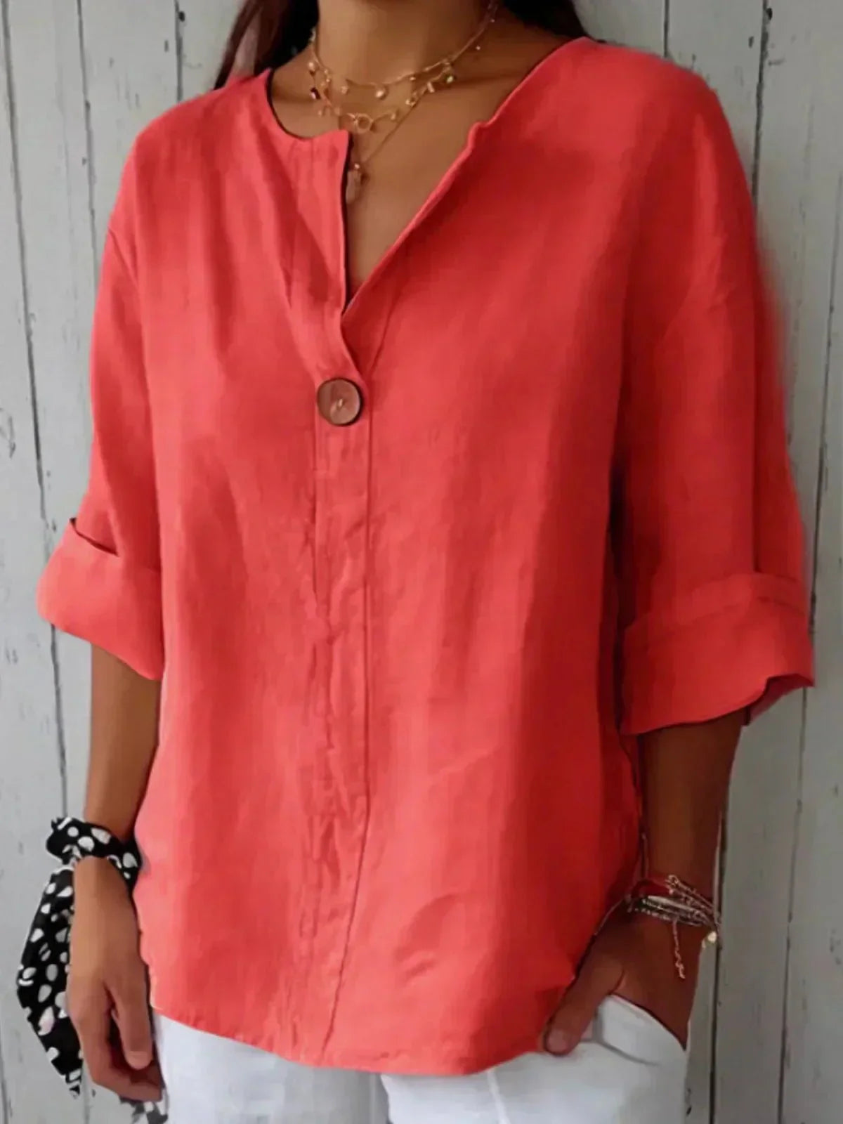 Women's Relaxed Linen Blouse V-Neck Button