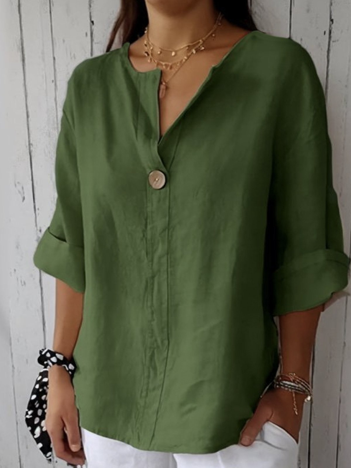 Women's Relaxed Linen Blouse V-Neck Button