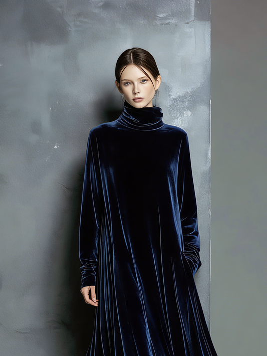 Women's Navy Velvet High Neck Maxi Dress – ModClo
