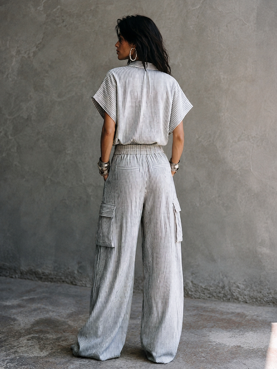 Women's White Cotton Wrap Striped Trouser Set – ModClo
