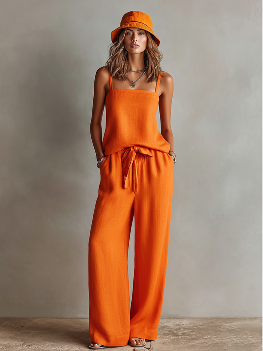 Women's Orange Linen Square Neck Boho Two-Piece Set – ModClo